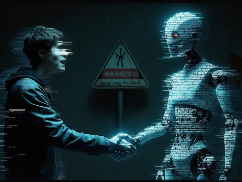 Creepy red-eyed robot shaking hands with a human. Both are glitchy.