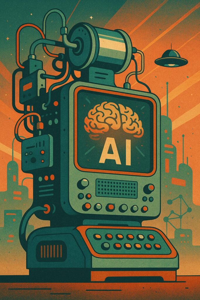 Glitched-out human brain handing the reins to a cartoon robot shrugging