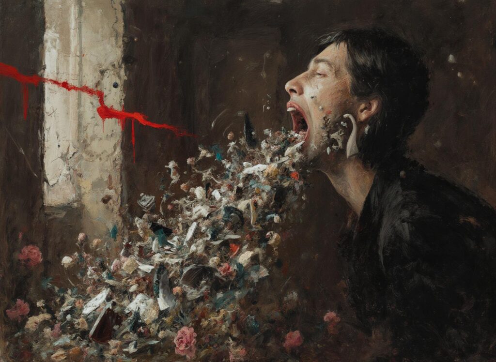 A poor bastard barfing out his creativity, during a "creative Accident"